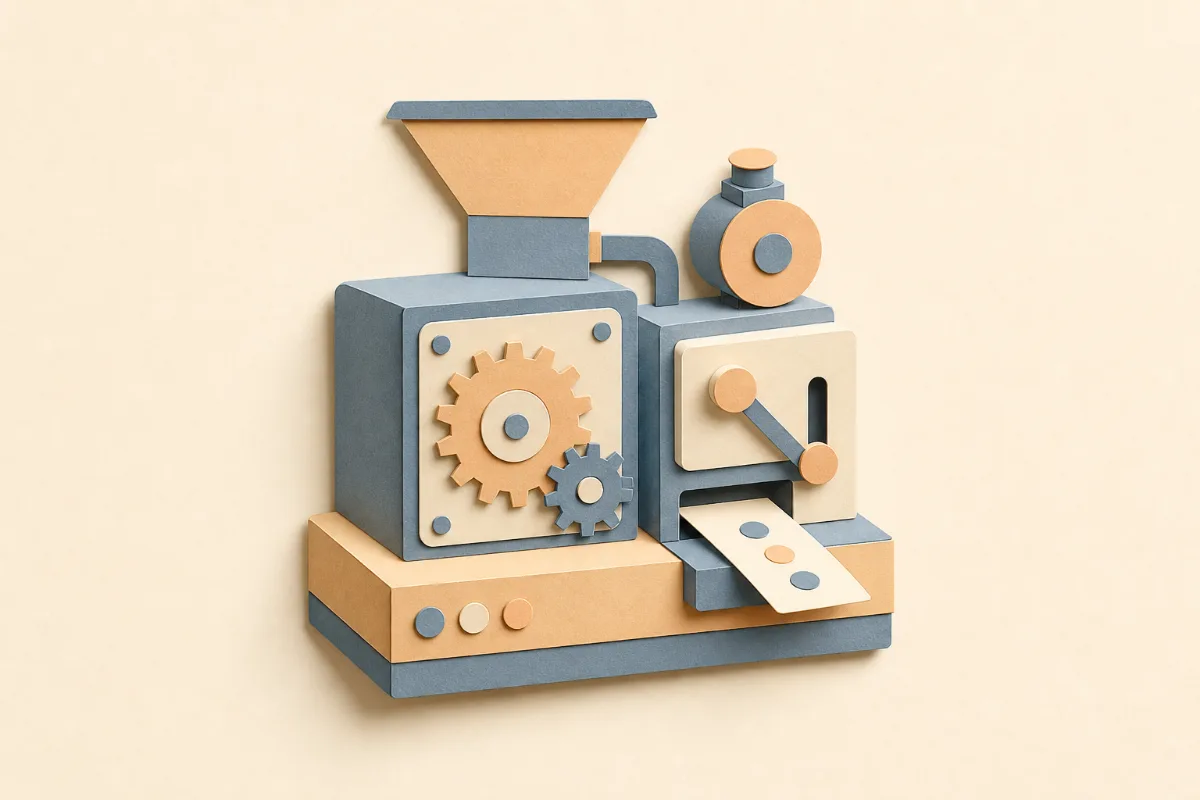 A small custom machine built from cut paper — gears, a hopper and dials assembled from a few simple blocks — in a soft dawn palette of dusty blue and apricot on cream.