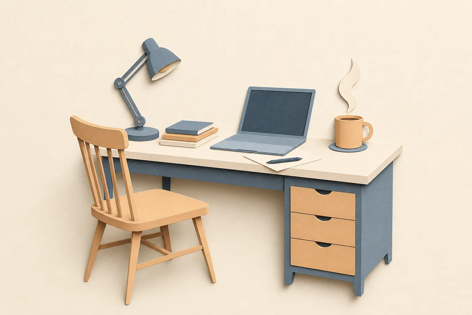 A cut-paper desk with an empty chair pulled up and a steaming mug — a colleague already at work — in a soft dawn palette of dusty blue and apricot on cream.